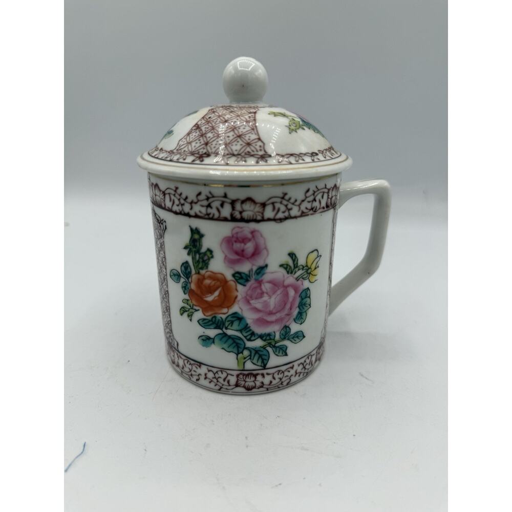 Vintage Chinese Porcelain Lidded Mug – Floral Rose Pattern – 4.5” Tall – Marked